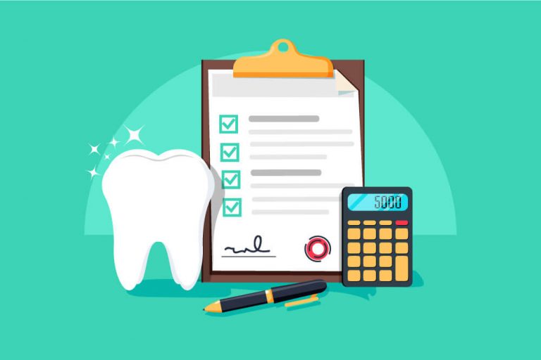 Illustration of a tooth next to dental savings plan paperwork and a calculator